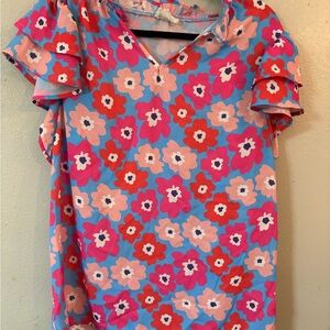 Vibrant Floral Ruffle Sleeve Blouse - Blue and Pink